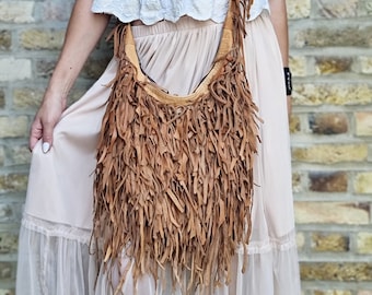 BOHO LEATHER TASSEL Bag Tan, Fringe Western Purse, Large Hippie Women Shoulder Bag, Vintage Festival Bag, Soft Genuine Leather Tote