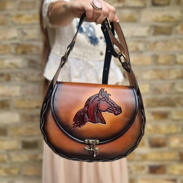 Women Western Bag with Tooled Horse Head - Genuine Leather Purse - Unique Cowgirl Equestrian Gifts