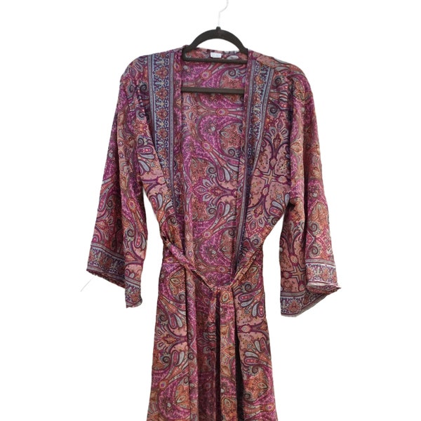 Long Boho Silk Kimono Jacket with Flared Sleeves - Beach Cover Up Tunic - Kaftan Maxi Dress - Light Summer Shrug - Satin Bath Robe for Women