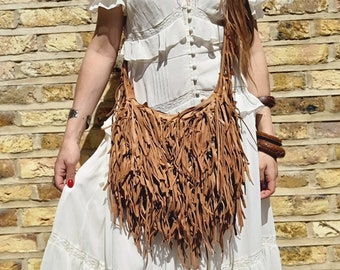BOHO LEATHER TASSEL Bag Tan, Fringe Western Purse, Large Hippie Women Shoulder Bag, Vintage Festival Bag, Soft Genuine Leather Tote