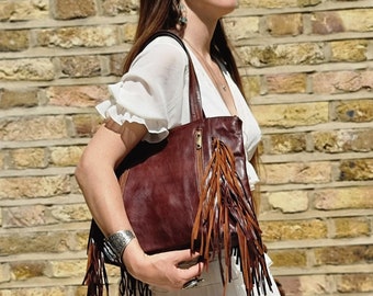 Fringe LEATHER TOTE BAG, Large Tassel Shoulder Bag, Bohemian Hobo Bag Women Dark Brown, Vintage Shopper, Handmade Genuine Leather Purse
