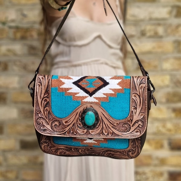 AZTEC CARPET BAG with Tooled Leather - Small Women Western Bag, Vintage Saddle Bag, Ethnic Cowgirl Outfit