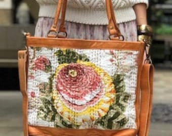 VINTAGE FLORAL LEATHER Bag, Floral Leaf Print, Unique Hippie Tote, Woven Tapestry Purse, Boho Shopper, Large Hobo Bag