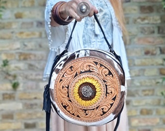 Cowhide Leather Bag with Sunflower - Convertible Tote Bag - Round Tooled Leather Purse with Detachable Strap