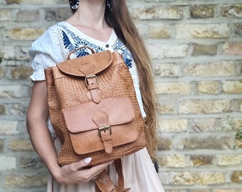 WOVEN LEATHER BACKPACK for Women - Braided Leather Bag Tan Brown - Travel Rucksack for Laptop Study Work Office School