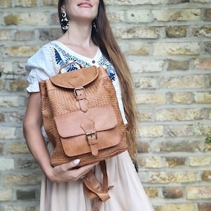 SAC À DOS EN CUIR TRESSÉ pour femme - Sac en cuir tressé marron clair - Sac à dos de voyage pour ordinateur portable Études Travail Bureau École