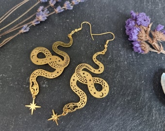 GRANDES BOUCLES D'OREILLES SERPENT avec étoiles, bijoux wicca célestes, cadeau païen sorcière, accessoires bohèmes