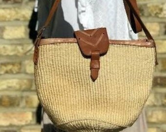 VINTAGE SISAL LEATHER Bag, 60s Woven Bucket Bag, 70s Straw Hippie Tote, Boho Summer Bag, Leather Shopper Women, Bohemian Purse Jute Raffia