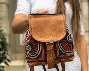 Mini Flower LEATHER BACKPACK, Small Vintage Multicoloured Bag, Floral Embroidered Hippie Bag, Ethnic Bag Tan, Hippie Rucksack Real Leather