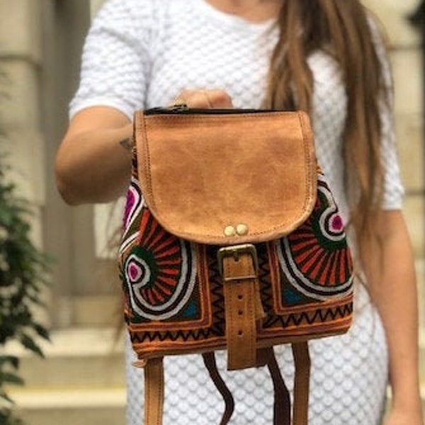 Unique MINI LEATHER BACKPACK - Small Hippie Festival Rucksack - Hand Embroidered Genuine Leather Bag for Women and Girls