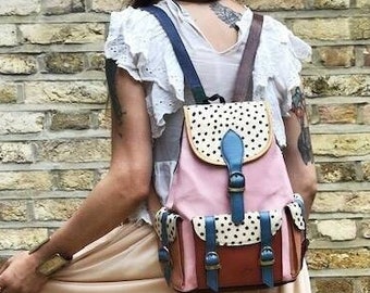 UNIQUE LEATHER BACKPACK for Her, Real Cowhide Leather Bag, Large Women's Backpack Purse, Animal Print Pony Hair, Patchwork Rucksack Boho