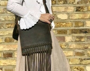 VINTAGE TASSEL BAG Dark Brown, Braided Leather Bag, Hippie Leather Fringe Purse, Boho Satchel, Bohemian 70s Handbag, 60s Western Bag