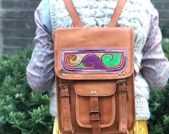 Handcrafted Women Vintage Leather Backpack - Quirky Festival Bag - Unique Hand Embroidered Indian Tribal Design  - Fair Trade Gifts