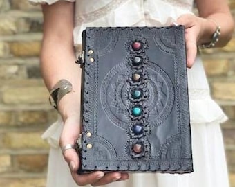 LARGE LEATHER NOTEBOOK, 7 Chakra Stone Journal Hippie Yoga, Women's Leather Journal vintage, Leather Diary for Her, Photo Album, Spell Book
