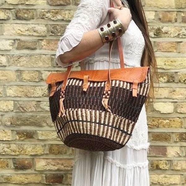 Large VINTAGE SISAL LEATHER Bag, 60s 70s Woven Bucket Bag beige, Straw Hippie Shopper, Women's Bohemian Tote Jute Raffia, Summer Beach Bag