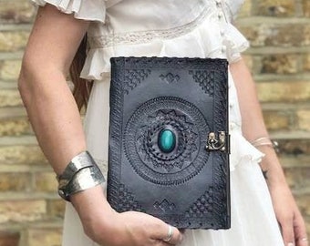 BLACK LEATHER JOURNAL with Turquoise Stone, Large Women's Travel Notebook, Gift for Him Her
