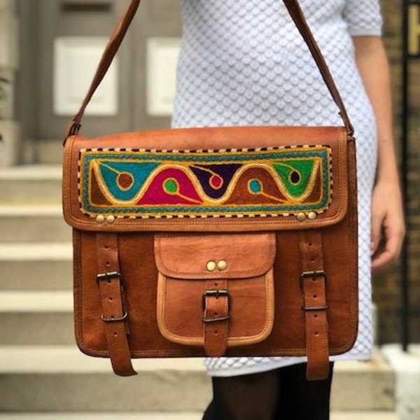 Sac messager en cuir brodé unique pour femme – Grande pochette pour ordinateur portable avec bandoulière au design bohème