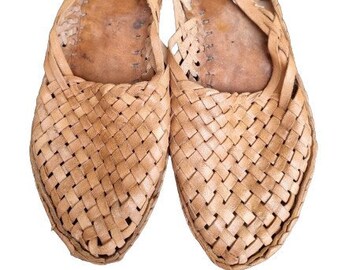 Woven Leather Flats for Women Size Uk 6 Eu 39 - Antique Moroccan Babouche Slippers - Leather Sandals Boho - Ethnic Hippie Loafers