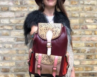 HIPPIE LEDER RUCKSACK, Einzigartige Damen Leder Tasche, Ungewöhnliches 80er Jahre Color Block Design, Animal Print Rindsleder Rucksack, Patchwork