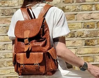 Large BRAIDED LEATHER BACKPACK, Women Woven Leather Rucksack, 15" Laptop Travel Backpack Study Work Office School