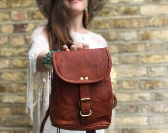 Small LEATHER BACKPACK WOMEN - Convertible Rucksack in Vintage Style - Mini Leather Bag Dark Brown