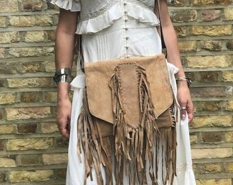 FRINGE LEATHER PURSE Beige, Tassel Western Bag Black, Hippie Suede Crossbody Bag, Women's Boho Satchel, Cowboy Bag Native Indian