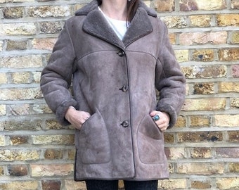 VINTAGE SHEEPSKIN COAT L M 14, 70s Hippie Suede Jacket Grey, Women's Winter Coat, Warm Fur Lined Leather Coat Boho, Festival Fashion