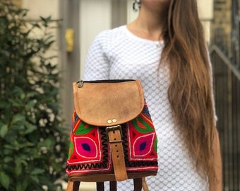 SMALL LEATHER BACKPACK, Women's Real Leather Backpack Purse, Mini Rucksack, Multicoloured Hippie Bag Tan, Ethnic Embroidered Purse Boho