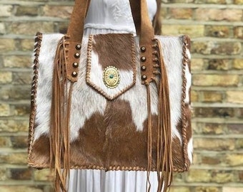 Women's Western Leather Tote Bag with Tassels - Large Cowhide Purse