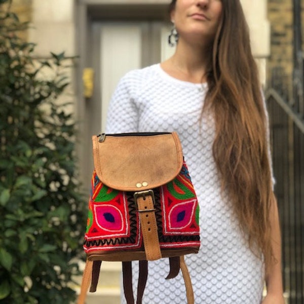 SMALL LEATHER BACKPACK, Women's Real Leather Backpack Purse, Mini Rucksack, Multicoloured Hippie Bag Tan, Ethnic Embroidered Purse Boho