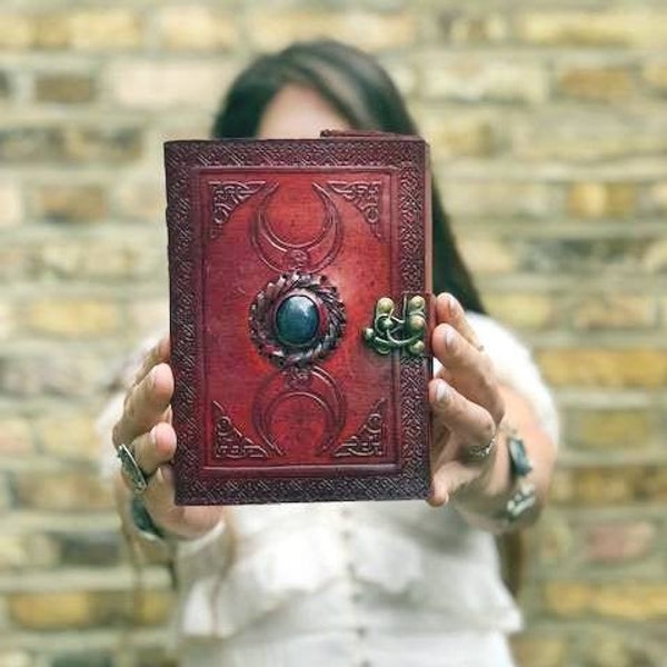 TRIPLE MOON LEATHER Diary with Stone, Handmade Leather Journal Crystal, Women's Travel Notebook, Office Sketchbook for Her, Book of Shadows