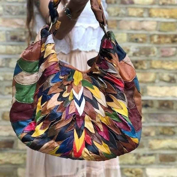 Hippie Leaf Leather Bag, Large Women's Shoulder Bag, Multicoloured Feather Purse, Botanical Tote, Indian Ethnic Design, Woven Leather Bag