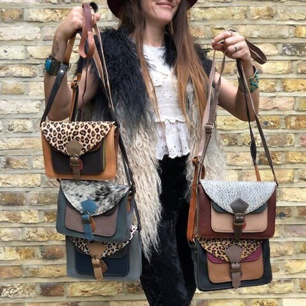 Small COWHIDE LEATHER BAG, Quirky Women Handbag with Leopard Print, Unique Evening Bag, Genuine Leather Saddle Bag