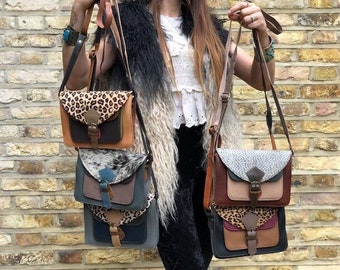 Small COWHIDE LEATHER BAG, Quirky Women Handbag with Leopard Print, Unique Evening Bag, Genuine Leather Saddle Bag