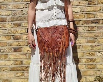 VINTAGE TASSEL BAG Tan Brown, Braided Leather Bag, Hippie Leather Fringe Purse, Boho Satchel, Bohemian Handbag, Western Leather Bag