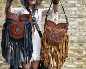Large FRINGE LEATHER BAG Turquoise Stone, Eagle Tooled Leather Purse, Tassel Western Leather Bag, Navajo Indian Native Bag Boho