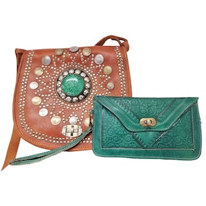 Bolso bandolera bohemio de piel auténtica, bolso bereber marroquí vintage, cartera de mano, monedero a juego y set de regalo para mujer.