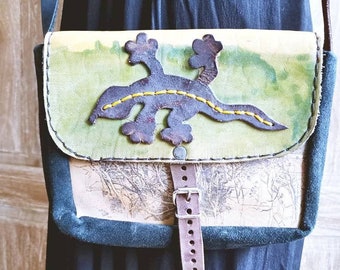 SMALL LEATHER BAG with Gecko, Upcycled Leather Purse, Recycled Leather Patchwork Bag, Forest Print, Reptile Lover Gift