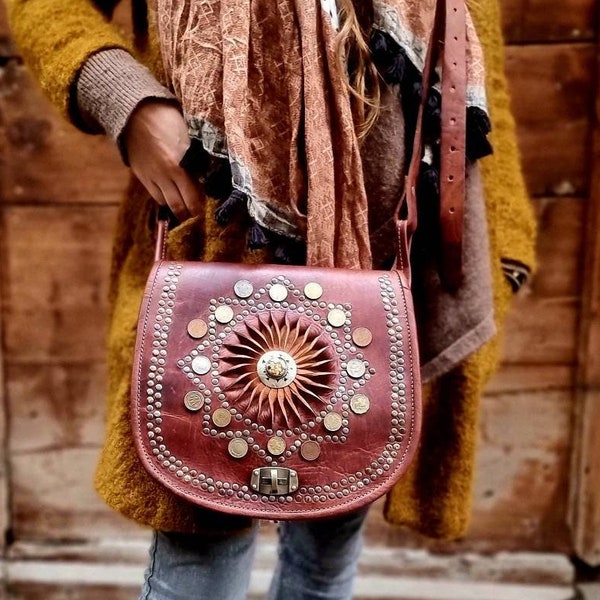 Hippie LEATHER BAG Gypsy Coins, Boho Leather Purse Stone, Women's Crossbody Bag, Vintage Satchel, Moroccan Berber, Festival