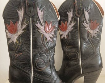 Girls LEATHER COWBOY BOOTS with Tulip Flower Design, Children Western Boots Size 36 uk 3 us 5, Line Dancing Ankle Boots