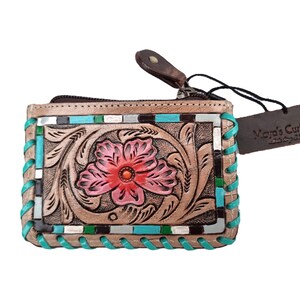 Mini Portafoglio in PELLE con FIORI ROSA - Piccolo portamonete con motivo floreale lavorato - Portafoglio per bambine - Porta carte di credito