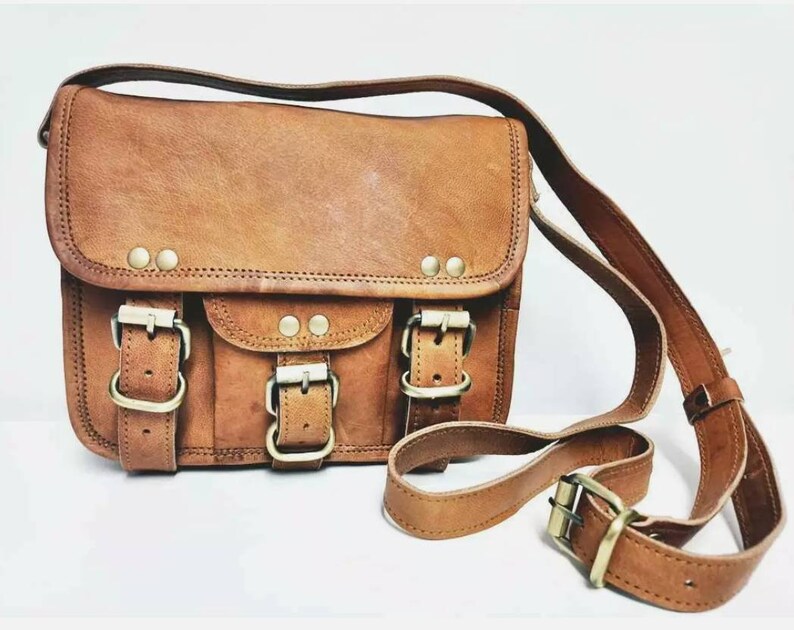 Small LEATHER SADDLE BAG Tan Brown Handmade Hippie Handbag Ethnic Leather Bag Boho Vintage Satchel Bronze Buckle Leather Bag