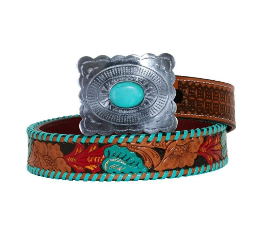 Ladies Floral Tooled Leather Belt with Silver Buckle