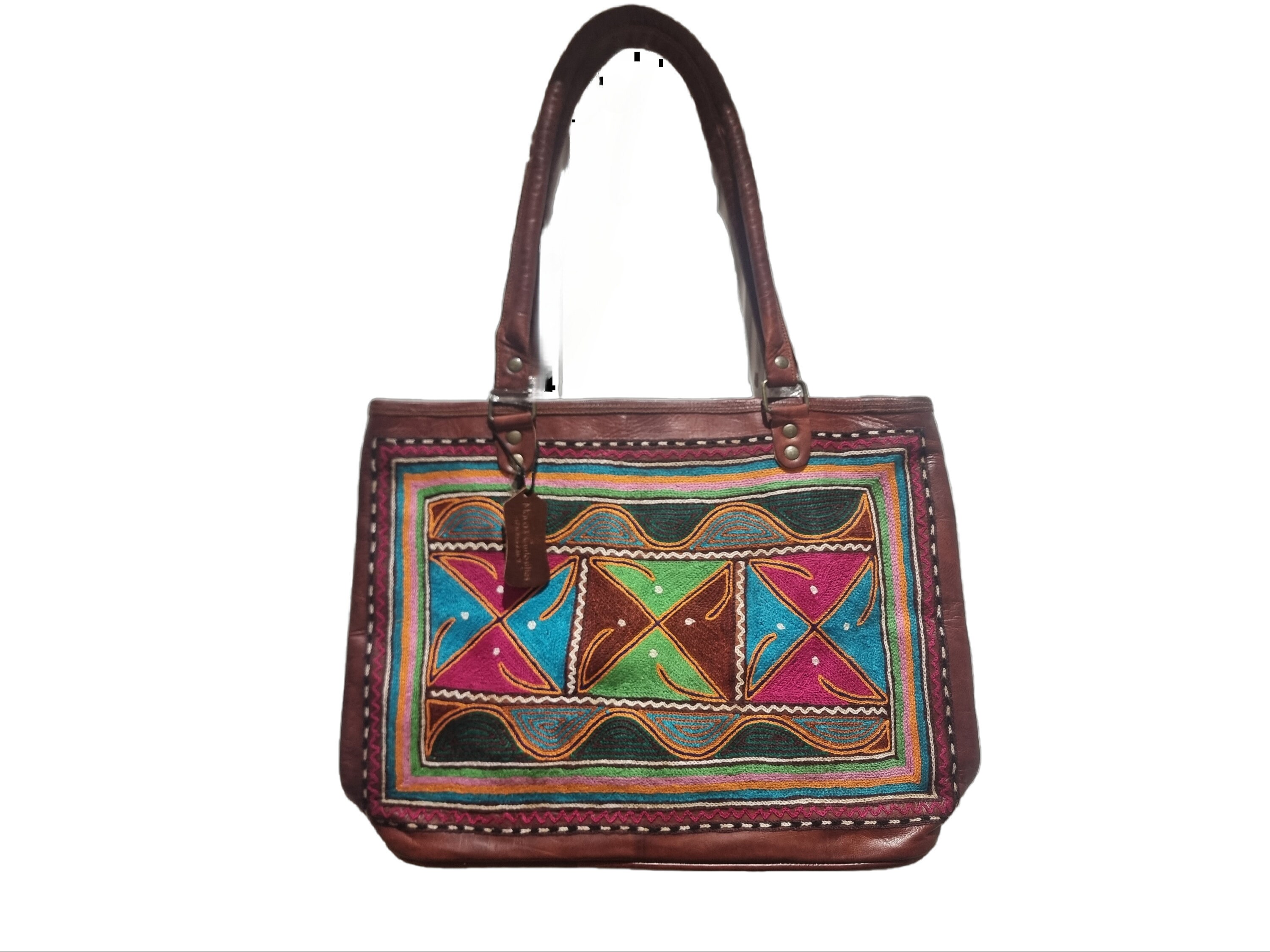 Large Unique Embroidered Leather Tote Bag - Artisan Crafted