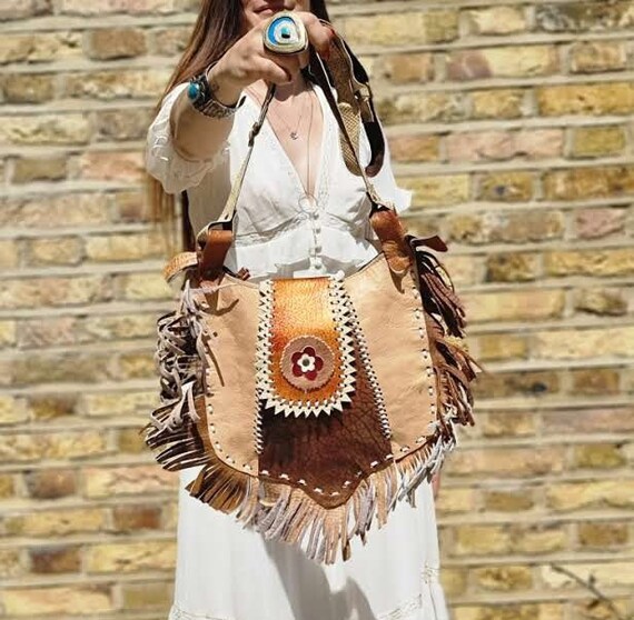 Boho TASSEL LEATHER BAG, Vintage Western Fringe Purse, Unique  