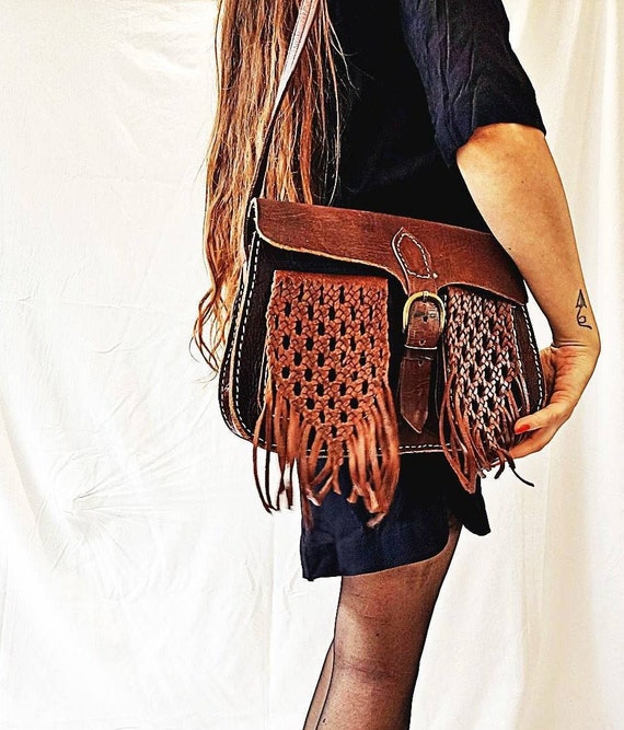 VINTAGE TASSEL BAG Tan Brown Braided Leather Bag Hippie 