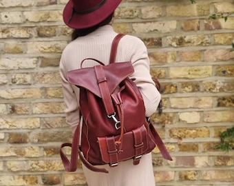 Mochila grande de cuero rojo burdeos para mujer – Mochila de cuero genuino - Bolsa de viaje vintage - Monedero minimalista