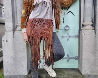 VINTAGE TASSEL BAG Tan Brown, Braided Leather Bag, Hippie Leather Fringe Purse, Boho Satchel, Bohemian Handbag, Western Leather Bag