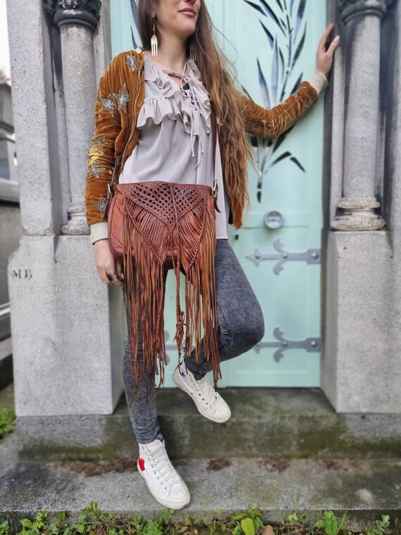 VINTAGE TASSEL BAG Tan Brown Braided Leather Bag Hippie 