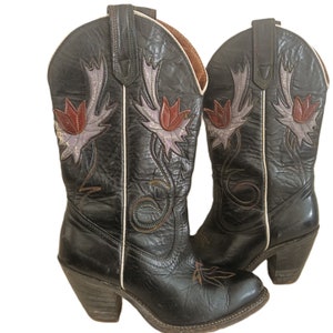 Girls LEATHER COWBOY BOOTS with Tulip Flower Design, Children Western Boots Size 36 uk 3 us 5, Line Dancing Ankle Boots